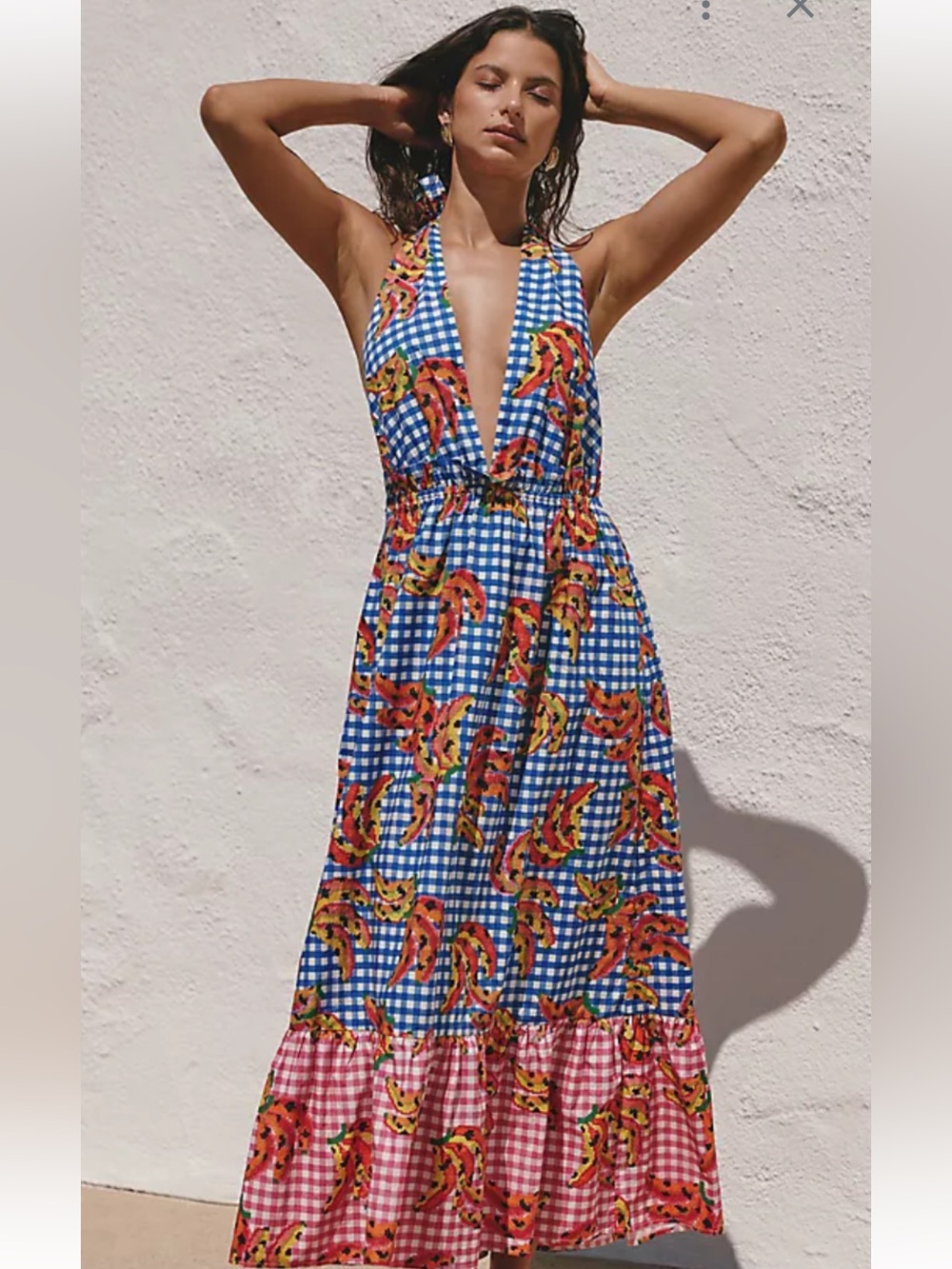 FARM Rio Blue Gingham Maxi Dress with Tropical Print - Picture 2 of 7